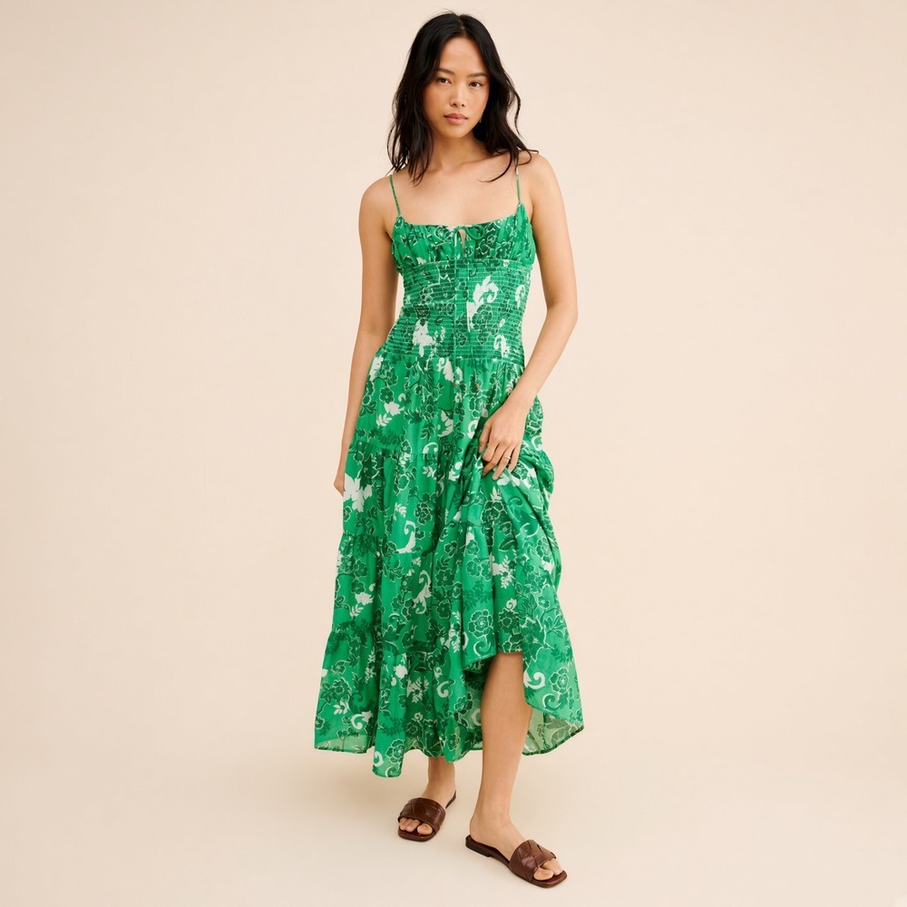 Anthropologie Josephine Smocked Green Floral Tiered Cotton Maxi Dress Large